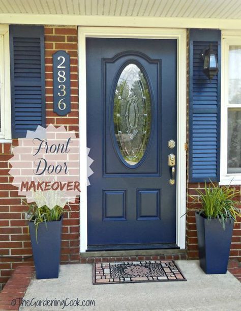 Behr Blue Front Door Paint Colors, Blue Front Door With Red Brick, Sherwin Williams Naval Front Door, Blue Door Brick House, Dark Blue Front Door Colors, Dark Blue Shutters, Dark Blue Front Door, Blue Front Porch, Sw Naval