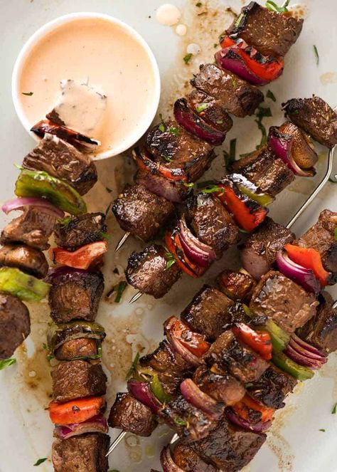 Marinated Beef Kabobs, Kabob Marinade, Meat And Veggies, Beef Kabobs, Recipetin Eats, Kabob Recipes, Fruit Kabobs, Marinated Beef, Marinated Steak