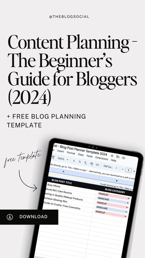 Looking to up your blogging game? Check out our Beginner's Guide for Bloggers (2024) + Free Blog Planning Template! We've got all the tips and tricks you need to plan your blog content like a pro. 📝✨ Get organized with our blogger planner, blog planning template, and Google Sheets content planner. Plus, discover fresh content plan ideas and create a killer content calendar. Don't miss out on this essential resource for bloggers! Blog Planning Template, Free Content Planner, Blog Content Calendar, Blogger Planner, Blog Content Planner, Content Calendar Template, Content Marketing Tools, Free Blogger Templates, Content Plan