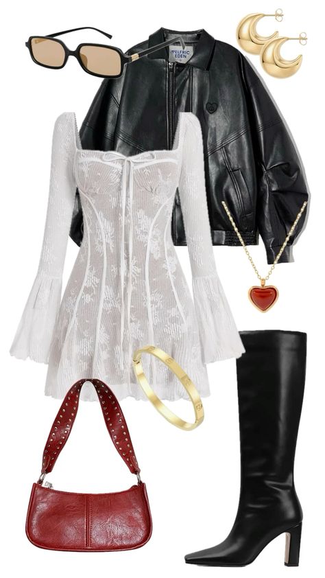 All of these items can be found linked below! They are from Amazon and super cute! This is a great outfit to use as inspiration for a date night, concert outfit, going out outfit, party outfit, its very versatile. This outfit features a white lace dress, black knee high boots, a black leather jacket, a red leather purse, red heart necklace, gold bracelet and black sunglasses. #leatherjacketoutfit #datenightoutfitideas #datenightideas #cuteootd #partywear #partyweardress #fashionable #fashiongoals Date Night Concert Outfit, Night Concert Outfit, Cute Date Night Outfits, Night Concert, Cute Date Night, Heart Necklace Gold, Red Heart Necklace, Red Leather Purse, Going Out Outfit