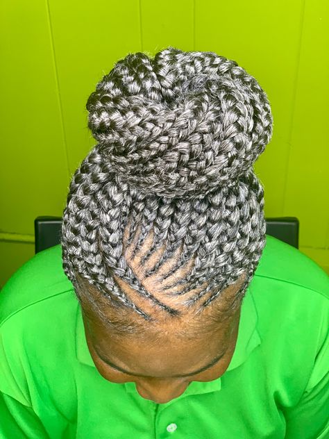 Braids For Older Black Women Over 70, Feed In Braids For Older Black Women, Short Grey Braids For Black Women, Braids With Grey Highlights, Older Black Women Braided Hairstyles, Older Woman Braid Styles Black, Corn Roll Hair Styles, Crochet Braids Hairstyles Curls, Grey Hair Braids