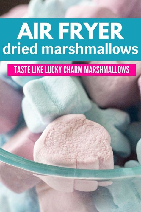 Dried marshmallows that taste just like Lucky Charms! This is an easy and tasty dried marshmallow recipe. Grab your air fryer and try this recipe. #marshmallows #dried #crispy #dehydrated #luckycharms #dessert #easy #airfryer #airfried Dehydrated Marshmallows In Oven, Air Fry Marshmallow, Dehydrated Marshmallows In Air Fryer, Dehydrated Marshmallow Recipes, Diy Dehydrated Marshmallows, Dehydrated Candy In Air Fryer, Air Fryer Marshmallow Recipes, Air Fryer Marshmallow, Mallow Recipes