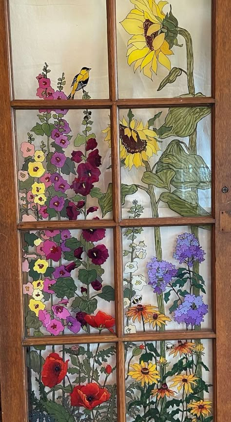 Painted Window Art, July Decoration, Flower Door, Window Crafts, Grandma's Garden, Garden Window, Glass Window Art, Window Ideas, Garden Windows