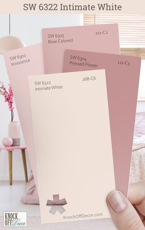 Light Pink Wall Paint Colors, Pink Paint Swatches Aesthetic, Cute Colors For Rooms, Pink Bed Wall Color, Light Pink Board And Batten, Soft Pink Sherwin Williams, Blush Colored Paint, Sw Apple Blossom Paint, Pressed Flower Paint Color