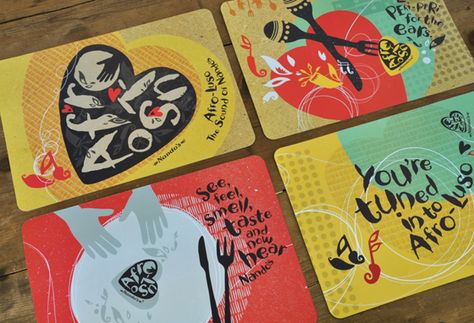 Nando's Afro Luso Placemats. More than just eating. Its about the experience. Placemats Design, Debit Card Design, Restaurant Designs, Placemat Design, Peri Peri, Illustration Art Design, India Design, Turtle Shell, Branding Ideas