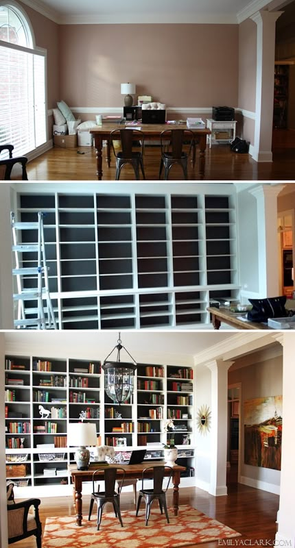 Wall shelf Beautiful Bookcases, Dining Room Library, Built In Bookshelves, Home Office Makeover, Living Room Dining Room Combo, Dining Room Combo, Office Library, Office Makeover, Home Libraries