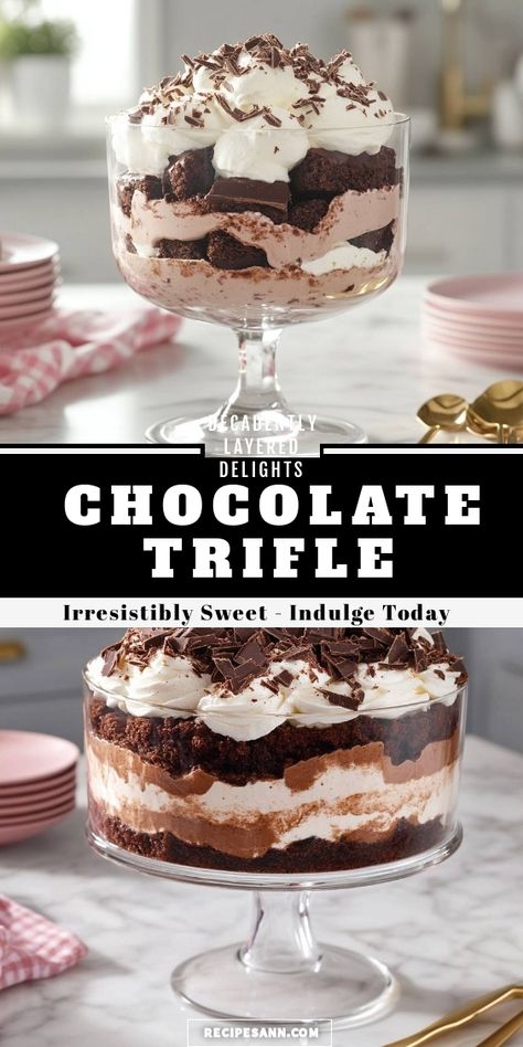 I absolutely adore this Chocolate Trifle! Layers of rich chocolate cake, creamy chocolate pudding, and fluffy whipped cream come together to create a dessert that's not only visually stunning but also irresistibly delicious. Perfect for parties or a sweet treat at home, it’s a crowd-pleaser that will have everyone coming back for seconds! Don't wait, indulge in this layered delight today! Chocolate Pan Desserts, Angel Food Cake And Chocolate Pudding Dessert, Layered Chocolate Pie, Desert For Crowd, Layered Truffle Desserts Puddings, Truffle Layer Dessert, Chocolate Trifle Cake, Layered Trifle Desserts, Rich Chocolate Dessert Recipes