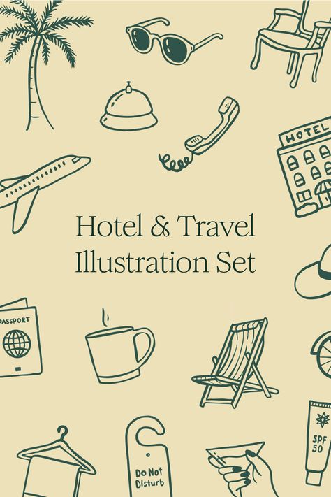 Upgrade your brand or personal project with unique, hand-drawn illustrations designed to add personality and flair to your website, emails, ads, social media, stationery, and more. Say goodbye to generic, overused clipart! The set features 25 individual illustrations curated around the theme of hotel and travel. Ideal for hotels, B&Bs, vacation home rentals, travel agencies, beach clubs, and other hospitality and travel businesses. Hospitality Illustration, Euro Train, Travel Branding, Travel Doodles, Ads Social Media, Graphic Design Images, Beach Clubs, Hand Drawn Icons, Travel Agencies