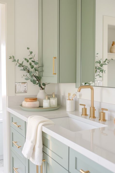 Sage Green Bathroom Ideas: Transform Your Space into a Spa-Like Retreat - Quiet Minimal Sage Green In Bathroom, Sage Green White And Gold Bathroom, Bathroom Decor Minimal, Gold And Sage Bathroom, Sage Green Bathroom With Gold Accents, Sage Green And Gold Bathroom Ideas, Sage And Gold Bathroom, Sage Bathroom Cabinets, Sage Green House Decor