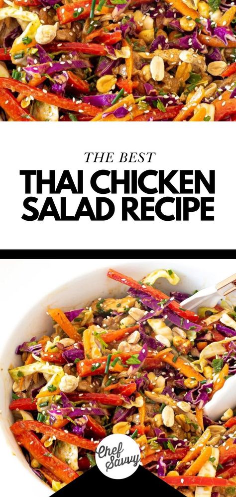 This Healthy Thai Chicken Salad With Peanut Dressing Recipe is loaded with edamame, carrots, and juicy chicken, then drizzled with a sweet and spicy peanut dressing. Modeled after hit salads at popular restaurants, this is a delicious and light, yet filling, meal you can make in the comfort of home! Follow Chef Savvy for more Summer Salad Recipes! Thai Chicken Salad, Recipe Salad, Diner Recept, Chicken Salad Recipe, Quick Chicken, Thai Chicken, Healthy Salad, Chicken Salad Recipes, Greens Recipe