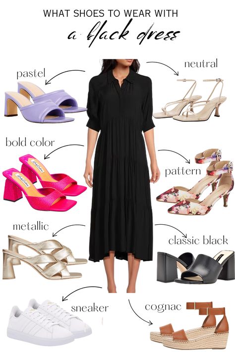 what shoes to wear with a black dress Neon Prom Dresses, Below The Knee Dresses, Black Evening Gown, Color Shoes, Wear To Work Dress, Grunge Dress, Black Dress Formal, Black Dress Shoes, Black Tie Dress