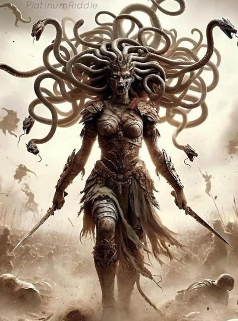 Medusa Full Body, Sinister Expression, Medusa Pictures, Beautiful Medusa, Mysterious Background, Medusa Artwork, Bell Costume, Greek Monsters, Dark Atmosphere