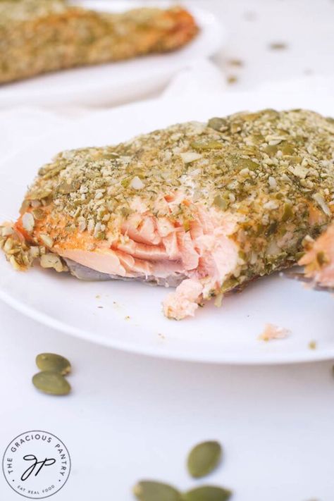 Pumpkin Seed Crusted Salmon Recipe Affordable Healthy Recipes, Clean Eating Meal Plans, Salmon For Dinner, Clean Eating Easy, Crusted Salmon Recipes, Keto Seafood, Pumpkin Seed Recipes, Crusted Salmon, Clean Eating Meal Plan