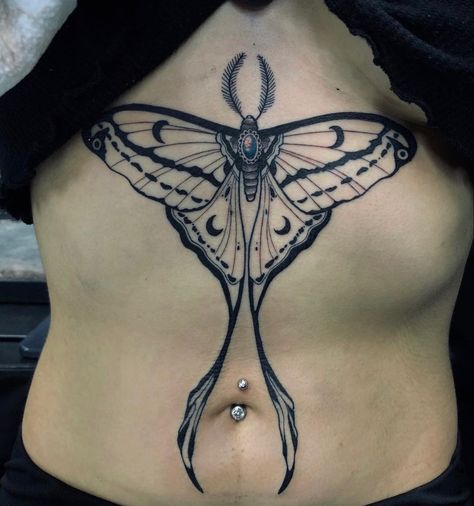 Black And White Butterfly Tattoo, Undercut Tattoos, Sternum Tattoo Ideas, Lunar Moth Tattoo, Harry Styles Butterfly, White Butterfly Tattoo, Luna Moth Tattoo, Underboob Tattoos, Butterfly Tattoo Ideas