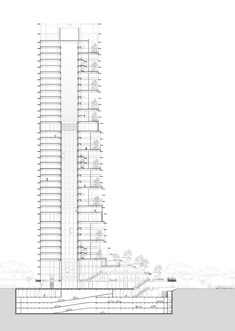 High Rise Section, Skyscraper Architecture Concept Design, High Rise Building Plan, Skyscraper Architecture Plan, Skyscraper Blueprints, Highrise Buildings Facade, Skyscraper Construction, Tower Section Architecture, Sustainable Building Design