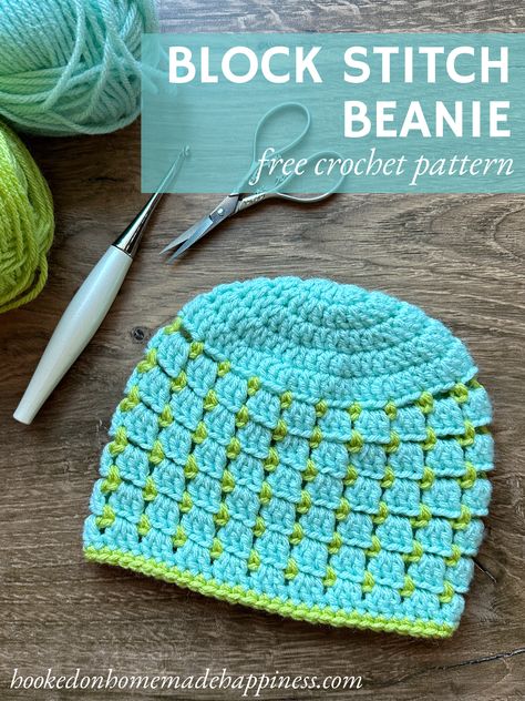 Block Stitch Beanie Crochet Pattern - Hooked on Homemade Happiness Crochet Patterns Hats Kids, Crochet Beanie Hat Free Pattern, Crochet Block Stitch, Macrame Things, Crochet Single Crochet, Block Stitch, Beanie Crochet Pattern, Slouchy Hats, Chemo Hats