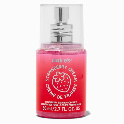 Claire's Strawberry Cream Scented Body Mist Strawberry Milk Perfume, Strawberry Scented Products, Body Mist Aesthetic, Strawberry Perfume, Watermelon Candle, Strawberry Scent, Piercing Kit, Party Hair Accessories, Jelly Bag