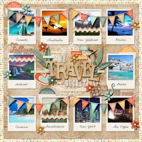 Project Life Scrapbook Ideas, Travel Scrapbooking Ideas Layout, Bucket List Scrapbook, Adventure Scrapbook, Scrapbook Memories, Bridal Shower Scrapbook, Scrapbooking Layouts Travel, Paper Bag Scrapbook, Travel Scrapbook Pages