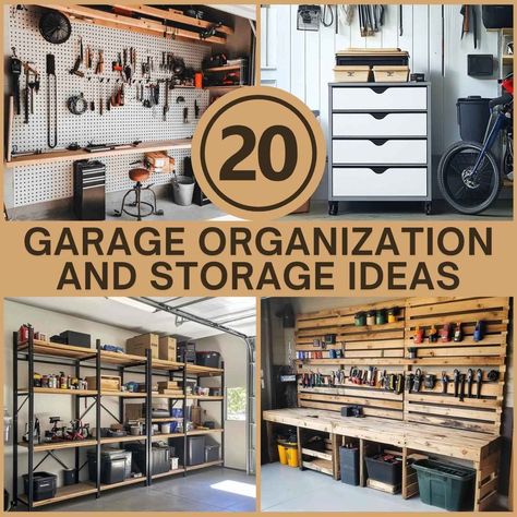 20 Easy Garage Organization and Storage Ideas You’ll Love Unfinished Garage Storage Ideas, Tool Storage In Garage, Garage Shelves Ideas, Garage Garden Tool Organization, Garage Work Bench Organization, How To Organize Tools In Garage, Garage Tote Organization, Carport Organization Ideas, Garage Cabinet Organization Ideas