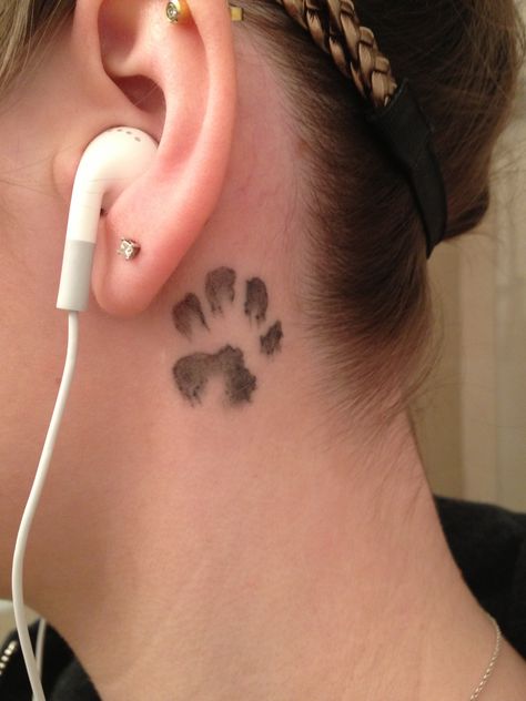 My dogs 8 week old paw print behind left ear. Done by Michelle at Rouge Tattoo, Winnipeg, Manitoba. Pawprint Tattoo Behind Ear, Paw Print Tattoo Behind Ear, Cat Ear Tattoo, Tattoo Paw, Cat Paw Print Tattoo, Cat Paw Tattoos, Animal Tattoos For Men, Tattoo Behind Ear, Pawprint Tattoo