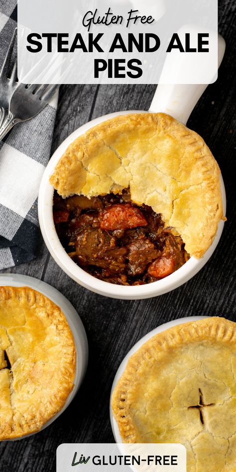 These pub style gluten-free steak and ale pies are made from a rich beef stew and crispy shortcrust pastry. This cozy and comforting dish is easily homemade and perfect for a cold winter evening. Steak And Ale Pie, Rich Beef Stew, Beef Pot Pie, Ale Pie, Steak And Ale, Gluten Free Beer, Individual Pies, Convection Microwave, Soup Dish