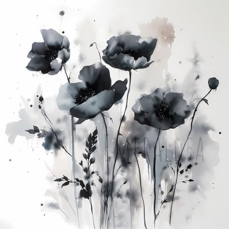 Mystic Aquarelle Black Poppies: For Those Who Crave the Unique in Art Black And White Watercolour Painting, Black White Watercolor, Dark Poppy Tattoo, Black Watercolor Flowers, Black Ink Painting Ideas, Black Watercolor Art, Watercolor Dark Art, Black Watercolor Painting, Dark Watercolor Paintings