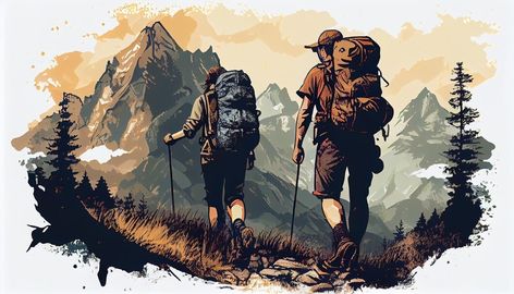 Premium AI Image | Couple of hikers with backpack Generate Ai Adventure Graphic Design, Hiking Logo, Best Hd Background, Adventure Wallpaper, Climbing Art, Adventure Logo, Image Couple, Mountain Sunset, Art Prints Quotes