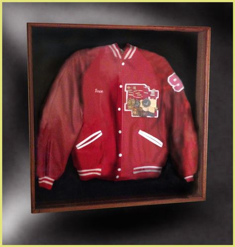 School Varsity Sports and Academics Shadow Box and Display Case Sports Shadow Boxes, Letterman Jacket Ideas, Ffa Jacket, Military Shadow Box, Letter Jacket, Gear Room, Shadow Box Display Case, Diy Shadow Box, Display Lettering