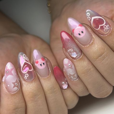 kirby! ˚₊· ͟͟͞͞➳❥ May availability still open! DM to book💕 #kirby #kirbynails #characternails #characternailart #nintendo #nintendonails #gel #gelnails #gelxnails #apres #apresgelx #gelmanicure #gelextensions #handpaintednailart #nailart #y2k Korean Nails, Goth Nails, School Nails, Gel Extensions, Painted Nail Art, Kawaii Nails, Gel Nail Art, Gel Manicure, Trendy Nails