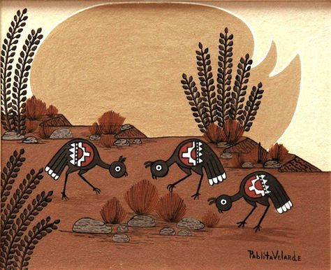 Pablita Velarde Southwestern Folk Art, Desert Folk Art, Southwest Illustration, Southwestern Art Southwest Style, Pablita Velarde, Cactus Folk Art, Desert Animals Illustration, Gourd Bowls, Charlie Harper