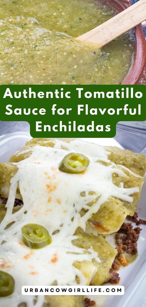 Uncover the secrets of traditional Mexican cooking with this easy-to-follow tomatillo sauce recipe, guaranteed to impress. | green enchilada sauce, enchilada sauce, authentic enchilada sauce, enchilada recipe, easy dinner recipes | Jalapeno Enchilada Sauce, How To Make Enchiladas Sauce, Roasted Tomatillo Salsa Verde Chicken Enchiladas, Recipes That Use Tomatillos, Canned Green Enchilada Sauce Recipe, Green Tomatillo Enchilada Sauce, Tomatillo Chicken Enchiladas, Mexico Recipes Authentic, Roasted Tomatillo Sauce