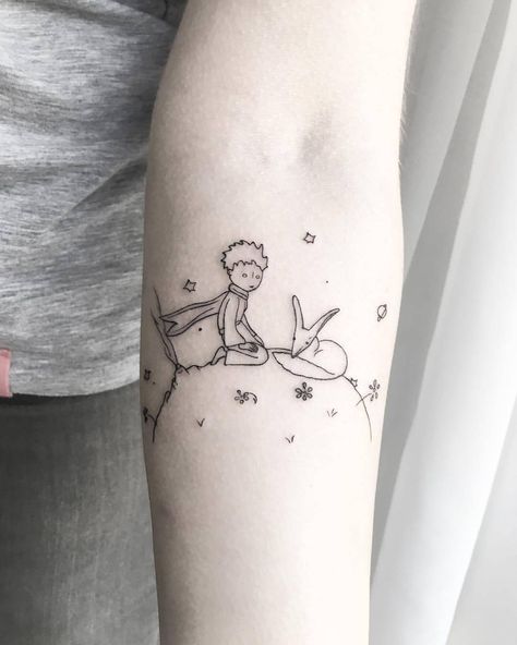 Perfectly simple little prince tattoo Small White Tattoos, Prince Tattoo, Little Prince Tattoo, Element Tattoo, Prince Tattoos, Insect Tattoo, Elements Tattoo, Fox Tattoo, Music Tattoos