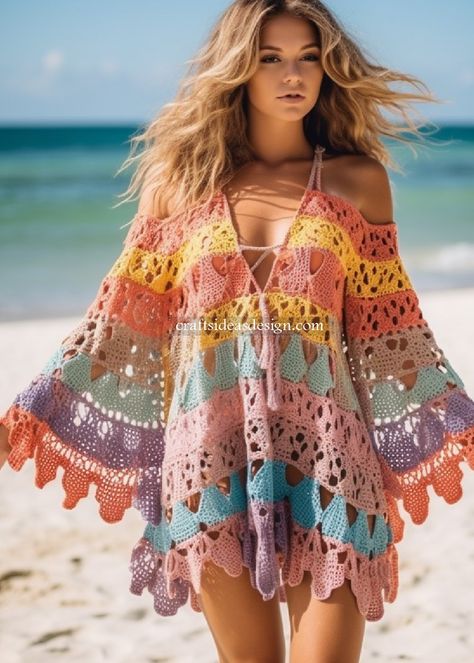 Colorful Crochet Dress, Crochet Beach Dress Pattern Free, Crochet Hippie Clothes, Crochet Beach Dress Pattern, Crochet Long Dress, Summer Crochet Dress, Crochet Dress Ideas, Beachy Crochet, Summer Crochet Clothes