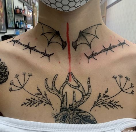 Patchwork Neck Tattoo, Alt Neck Tattoos, Barbed Wire Collar Bone Tattoo, Under Chin Tattoo, Throat Tattoo, Funky Tattoos, Neck Tattoos Women, Creepy Tattoos, Neck Tattoos