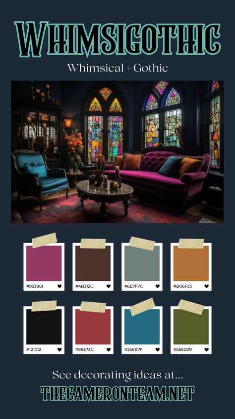 What is Whimsigothic Home Decor? A Colorful, Rich Aesthetic Colourful Gothic Decor, Dark Rainbow Palette, Jewel Colors Palette, Boho House Paint Colors, Whimsical Goth Color Palette, Whimsical Paint Colors, Jewel Tone Home Color Palette, Nerdy Interior Design, Whimsigoth Decor Ideas