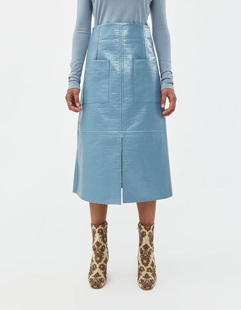 Mijeong Park Patent Faux Leather Skirt in Dusty Blue Blue Leather Skirt, Leather Skirts, Street Style Trends, Runway Trends, Oversized Dress, Print Trends, Fashion People, Faux Leather Skirt, Style Trends