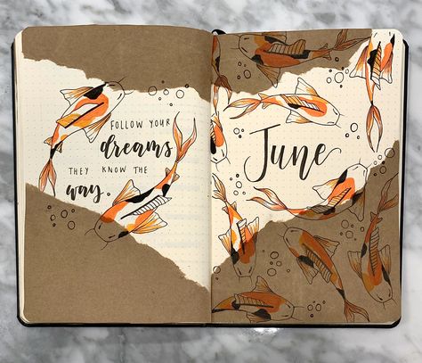 Orange Bullet Journal Theme, Orange Journal Ideas, June Bullet Journal, Bujo Spreads, Bullet Journal Monthly, Fish Theme, Bullet Journal Monthly Spread, Bullet Journal Cover Ideas, Bullet Journal Notes