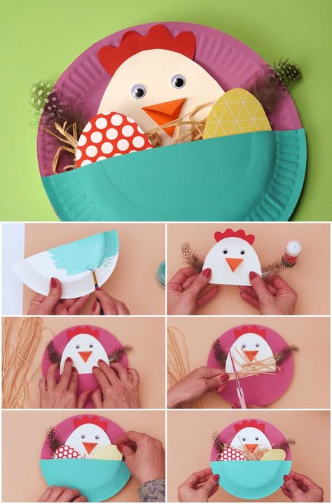 Paper Plate Easter Craft - Cute mama hen and chick Easter art for kids. Easter Art For Kids, Kindergarten Easter Crafts, Påskeaktiviteter For Barn, Easter Chick Craft, Easter Art Project, Easter Paper Crafts, Diy Baskets, Cheap Farmhouse, Chicken Crafts