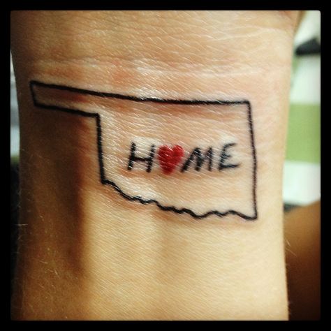 Oklahome tattoo- I actually like this idea Oklahoma Tattoo Ideas, Oklahoma Tattoo, Butterfly Thigh Tattoo, State Tattoos, Inner Arm Tattoo, City Tattoo, Oklahoma State University, Different Tattoos, Badass Tattoos