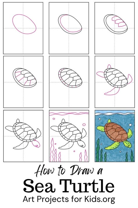 Learn how to draw a Sea Turtle with an easy step-by-step PDF tutorial. #howtodraw #tutorial #drawing #drawingtutorial #arttutorial #artprojectsforkids #howtodrawforkids #seaturtle Step By Step Sea Turtle Drawing, How To Draw Sea Turtle Step By Step, How To Draw Sea Turtle, How To Draw A Turtle Step By Step, Turtle Directed Drawing, How To Draw A Sea Turtle, How To Draw A Turtle, Sea Turtle Doodle, How To Draw Turtle