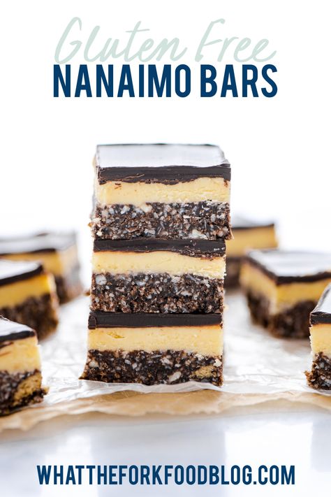 Gluten Free Nanaimo Bars are a popular Canadian no-bake dessert. They're a 3 layer bar that are simple and easy to make. They're sweet and rich, especially with that vanilla custard/cream filling and chocolate ganache! The bottom layer is made with gluten free graham cracker crumbs, coconut, and almonds. These are perfect any time of the year! Gluten free dessert recipe from @whattheforkblog - visit whattheforkfoodblog.com for more gluten free baking recipes and gluten free dessert recipes. Nanaimo Bar Recipe, What The Fork, Gluten Free Graham Crackers, Custard Cream, Nanaimo Bars, Gluten Free Egg Free, Gluten Free Desserts Recipes, Cream Filling, Easy No Bake Desserts