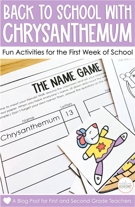 We read Chrysanthemum at the beginning of each school year. Not only is the topic a good one for talking about healthy and respectful classroom communities, but because her name is sooo long, the story lends itself well to fun name activities on the first day of school. In this post, I share an activity that's perfect for 2nd grade children who have experience collecting and graphing data (math skills they likely learned the year before) and a differentiated version for new firsties. Come see! Grade 1 Beginning Of The Year Activities, First Grade Beginning Of The Year Activities, Back To School Math 2nd Grade, First Day Of Grade 2 Activities, Kindergarten Kindness, Chrysanthemum Activities, 2nd Grade Class, Kevin Henkes, First Week Of School Ideas