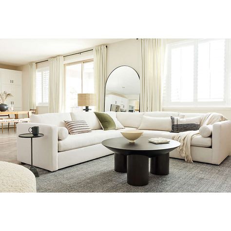 Ivory Couch Black Coffee Table, Large Arch Mirror In Living Room, Crate And Barrel Sectional Sofa, Crate And Barrel Living Room Inspiration, Crate And Barrel Living Room, Oversized Floor Mirror, Comfy Bench, Arch Floor Mirror, Modern Plaid