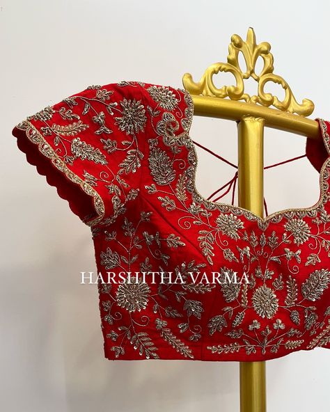 Custom designed luxury bridal blouse in pure raw silk, hand embroidered using metallic tones of zardosi, zari, pearls and glass beads. DM us for details and to get your wedding outfits custom designed Harshitha Varma Label Banjara Hills, Hyderabad [Bridal wear, handcrafted, luxury clothing, custom designs, bridal blouses, wedding season, Hyderabad, Indian wear, South Indian Brides] Pearl Work Blouses, Pearl Maggam Work, South Indian Bride Blouse Design, Zardosi Work Blouse Weddings, Simple Thread Work Blouse Designs, Magam Works, Blouse Embroidery Designs, Front Blouse Designs, Exclusive Blouse Designs