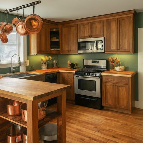 20 Green Kitchen Paint Colors That Will Instantly Upgrade Your Home » Comfy Ideas Small Kitchen Green Walls, Green Kitchen Walls With Wood Cabinets, Kitchen Interior Wall Paint Colors, Kitchen Green Walls Wood Cabinets, Earthy Kitchen Paint Colors, Green Kitchen Walls Oak Cabinets, Rustic Kitchen Paint Colors, Green Orange Kitchen, Dark Green Kitchen Walls