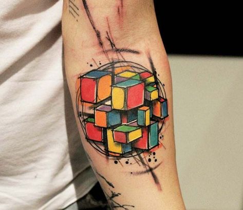 Rubik cube tattoo by Mirco Campioni Cube Tattoo Design, Cube Tattoo, Tatuaje Trash Polka, Geometric Wolf Tattoo, Pop Art Tattoos, Money Tattoo, Boho Tattoos, Marvel Tattoos, Koi Tattoo