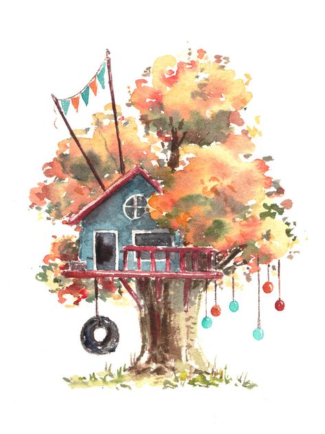 I Use Watercolours To Paint Whimsical Tree Houses Tree House Drawing, House Illustrations, Cartoon Trees, Cartoon House, Watercolor Tree, House Illustration, Illustration Watercolor, Brasov, House Drawing