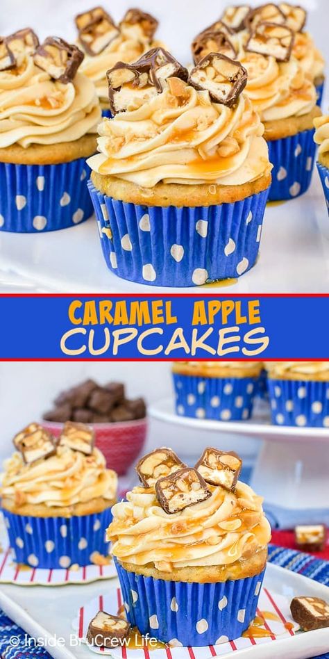 Caramel Apple Cupcakes - swirls of homemade caramel frosting and candy bars add a fun flair to these easy apple cupcakes. Make this easy recipe for parties and events this fall. #cupcakes #caramelapple #caramelfrosting #Snickers Apple Cupcakes Recipe, Apple Spice Cupcakes, Caramel Apple Cupcakes, Snickers Candy Bar, Snickers Candy, Apple Desserts Easy, Almond Pound Cakes, Apple Cupcakes, Fall Parties