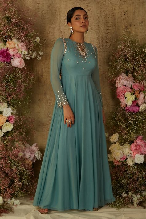 Buy Blue Georgette Embroidered Sequin Keyhole Embellished Fit And Flare Anarkali For Women by RIA SHAH LABEL Online at Aza Fashions. Anarkali Neck Designs, Anarkali Design, Anarkali Designs, Blue Anarkali, Long Frock Designs, Georgette Anarkali, Embroidered Anarkali, Anarkali Dress Pattern, Long Frock