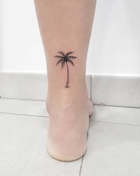 Palm Tree Island Tattoo, Bahamas Tattoo Ideas, Tree Tattoo Calf, Palm Tree Tattoo Design, Palm Tree Tattoo Ankle, Palm Tattoo, Beachy Tattoos, Small Symbol Tattoos, Live Tattoo